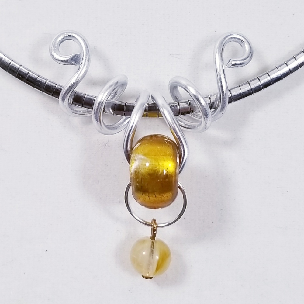 Aluminum Silver Spiral Pendant Golden Yellow Bead